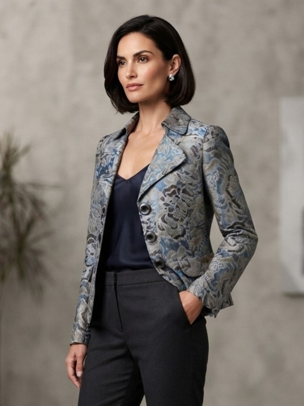 Alberto Makali Tailored Blue Floral Brocade Jacket Size 10
